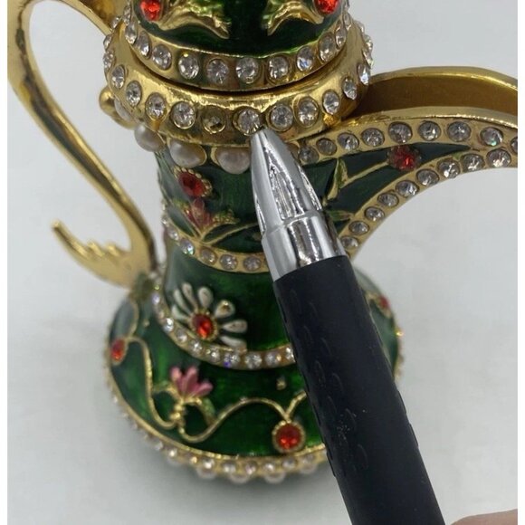 Signed Qifu Green Enamel Jeweled Arabian Nights Trinket  Stash Ring Vanity Box - Picture 8 of 12